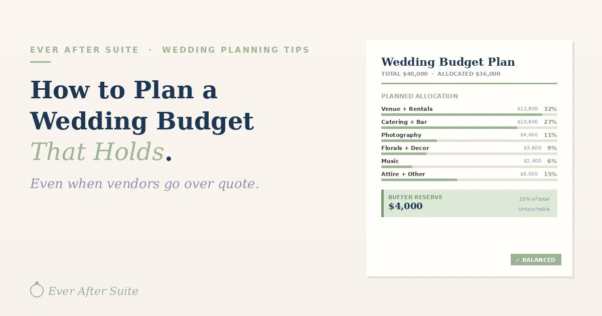 Healthy wedding budget plan showing category allocations with a highlighted 10% buffer reserve from Ever After Suite