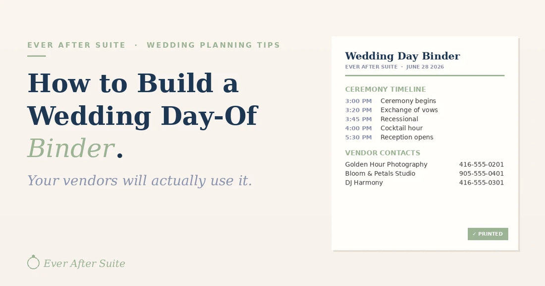 Wedding day-of binder example showing ceremony timeline and vendor contacts from Ever After Suite
