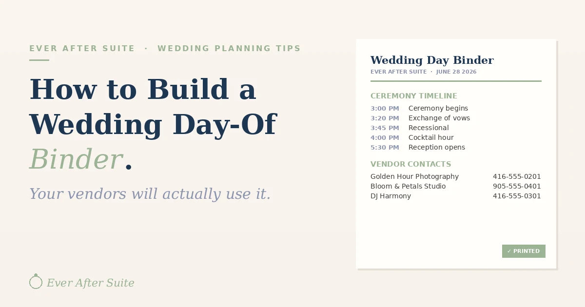 Wedding day-of binder example showing ceremony timeline and vendor contacts from Ever After Suite