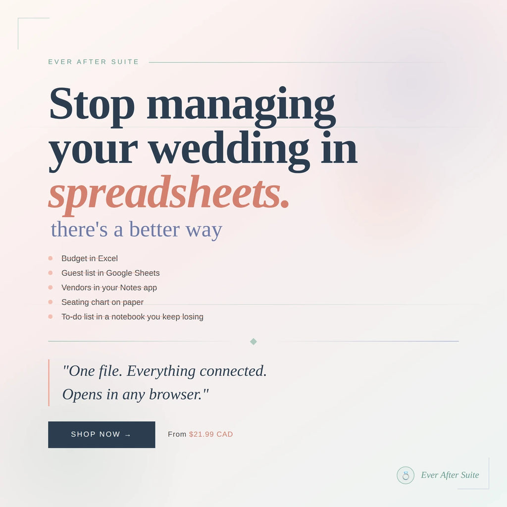 Digital wedding planner app — stop managing your wedding in Excel and Google Sheets. Ever After Suite connects your guest list, budget tracker, seating chart, vendors and to-do list in one browser-based app. No spreadsheet required. From $21.99 CAD.