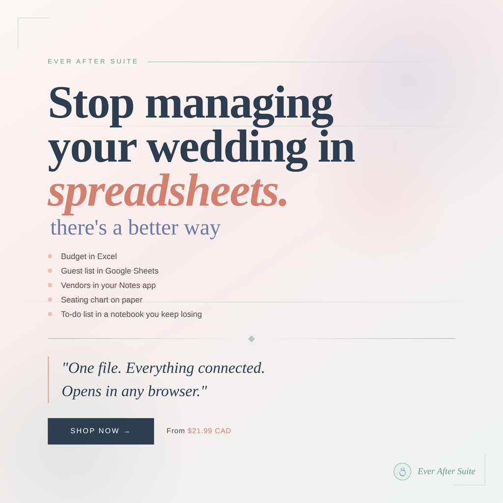 Digital wedding planner app — stop managing your wedding in Excel and Google Sheets. Ever After Suite connects your guest list, budget tracker, seating chart, vendors and to-do list in one browser-based app. No spreadsheet required. From $21.99 CAD.