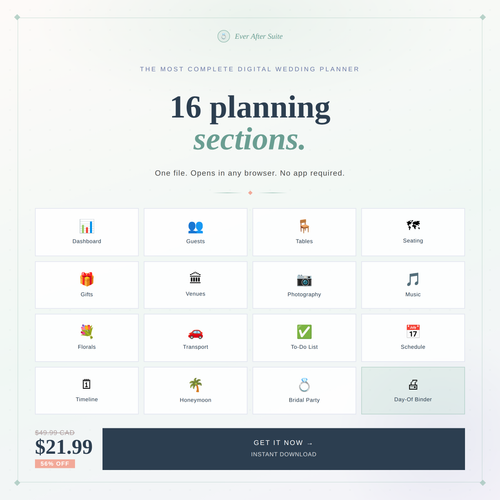 Ever After Suite digital wedding planner — 16 connected planning sections including guest list tracker, wedding budget tracker, seating chart, timeline, wedding itinerary, bridal party tracker, honeymoon planner and printable day-of binder. No Excel required. $21.99 CAD — 56% off. Instant download.