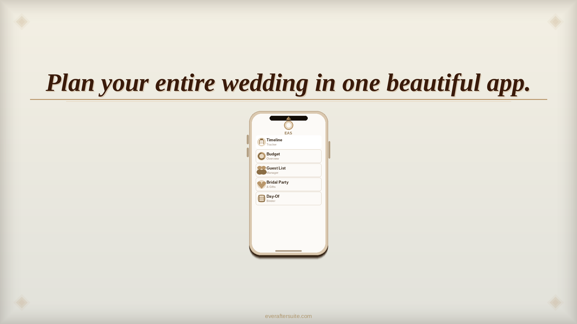 Ever After Suite digital wedding planner app — timeline tracker, budget overview, guest list and bridal party planner